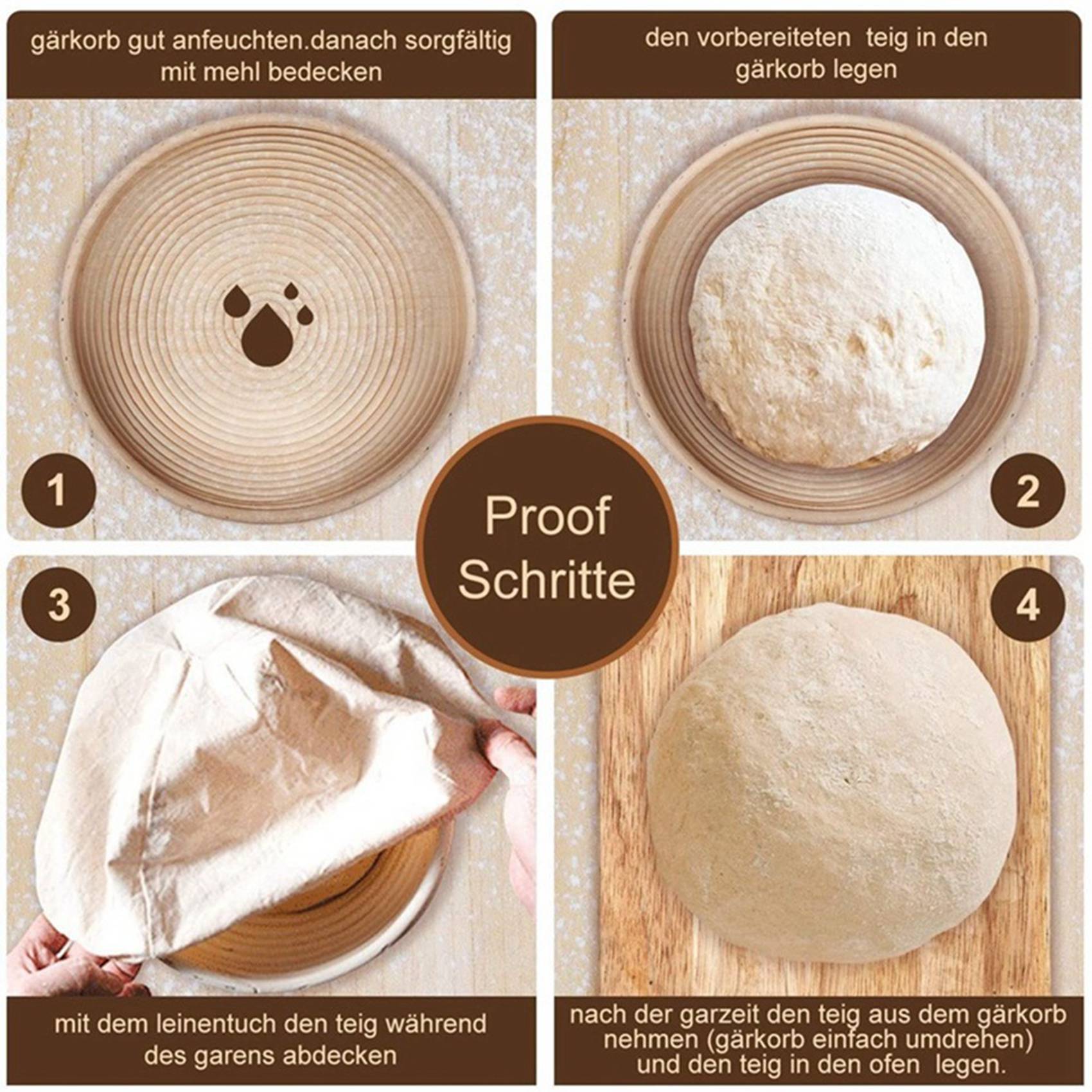 Proofing Basket Banneton - Rundes Set, 4 Hefkörbe für Brot-